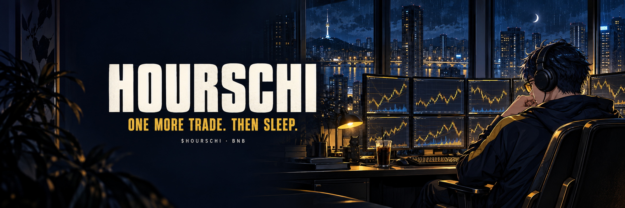 An original illustrated night trader at a glowing workstation above a rainy city