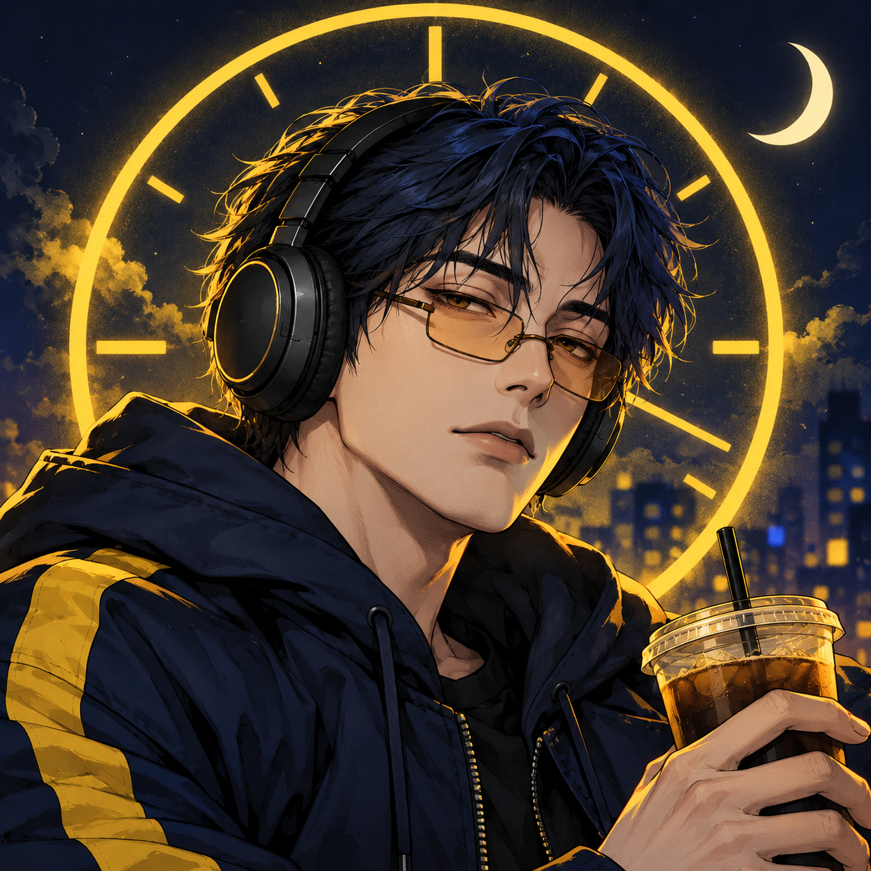 HOURSCHI’s original night operator, wearing amber glasses and headphones